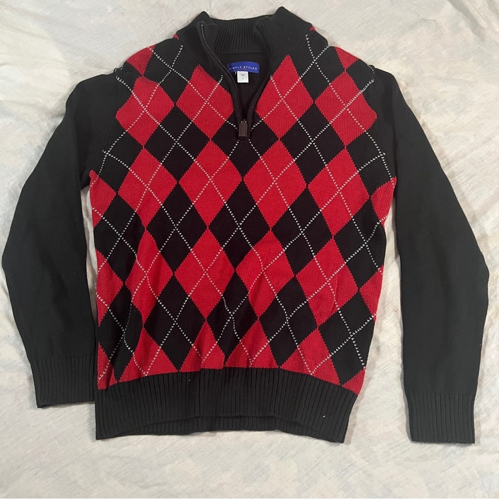 Simply Styled Vintage Men's Black and Red Argyle Sweater Size Small